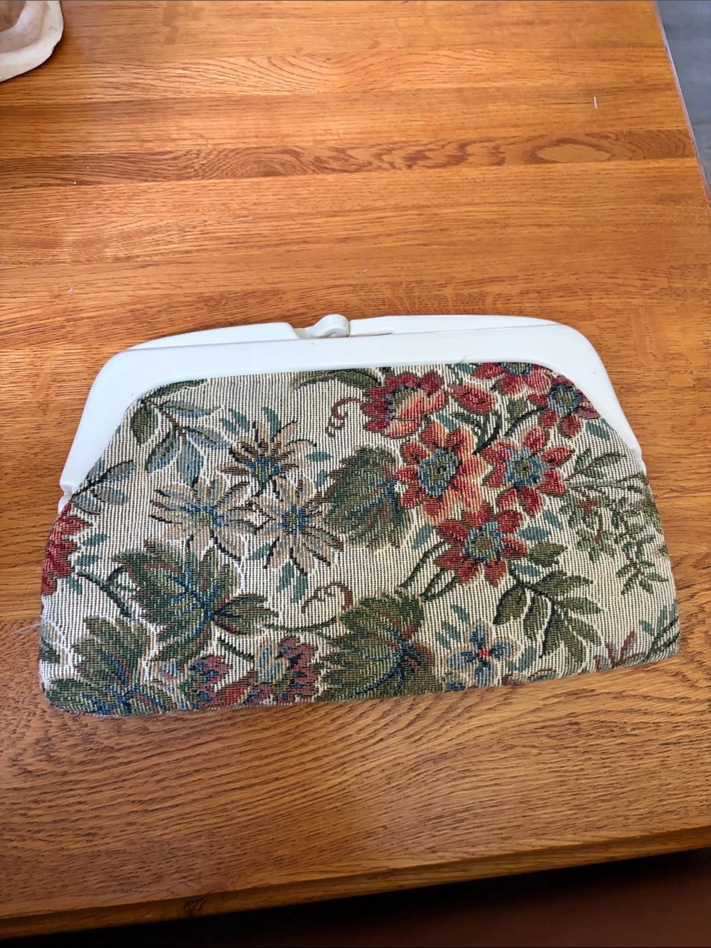 Vintage Floral Tapestry Clutch with White Frame